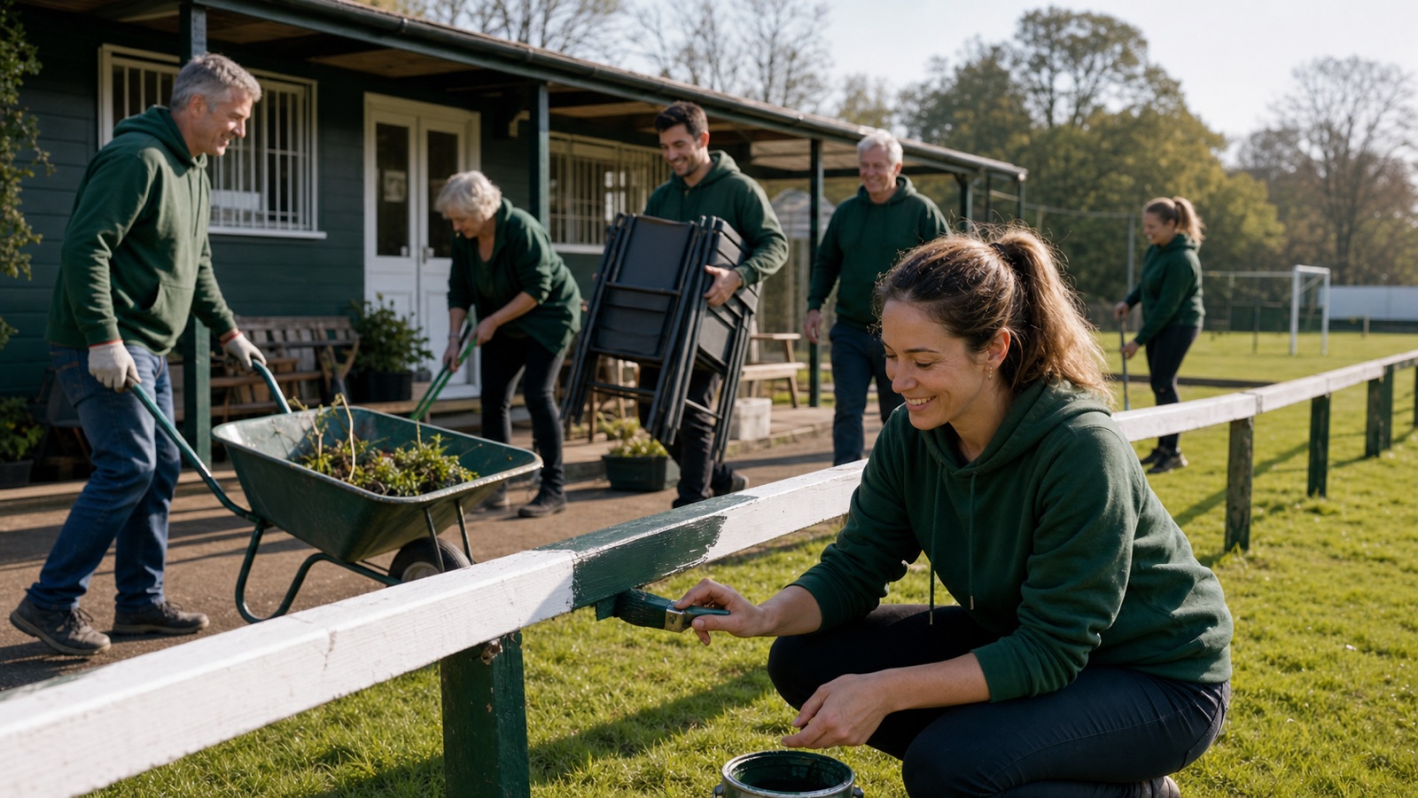 FC Boranders volunteers work together to refresh the clubhouse and pitch rail