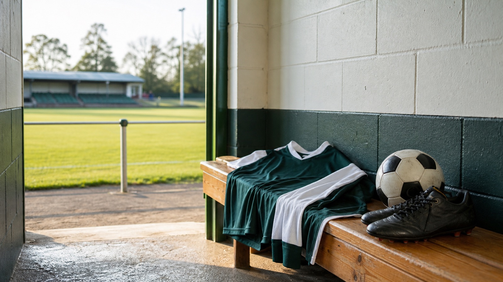 Green and white football kit, boots and ball ready beside the home pitch