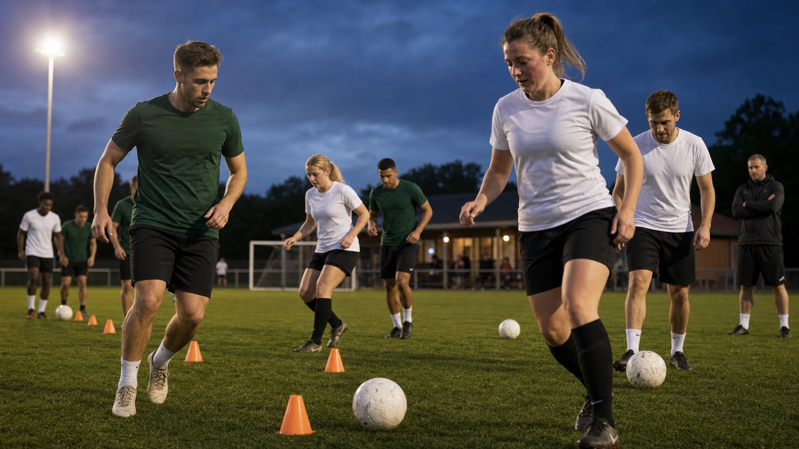 Adult players take part in an evening football drill under the floodlights