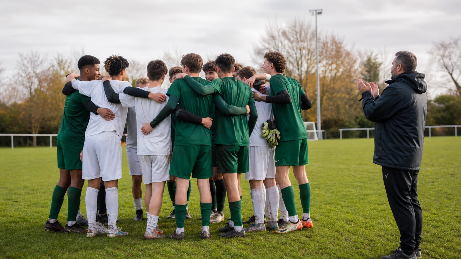 FC Boranders youth players gather in a team circle while their coach applauds